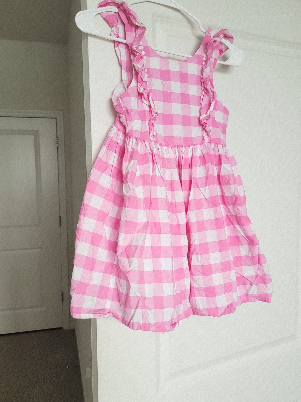 Pink and White Gingham Ruffle Strap Dress